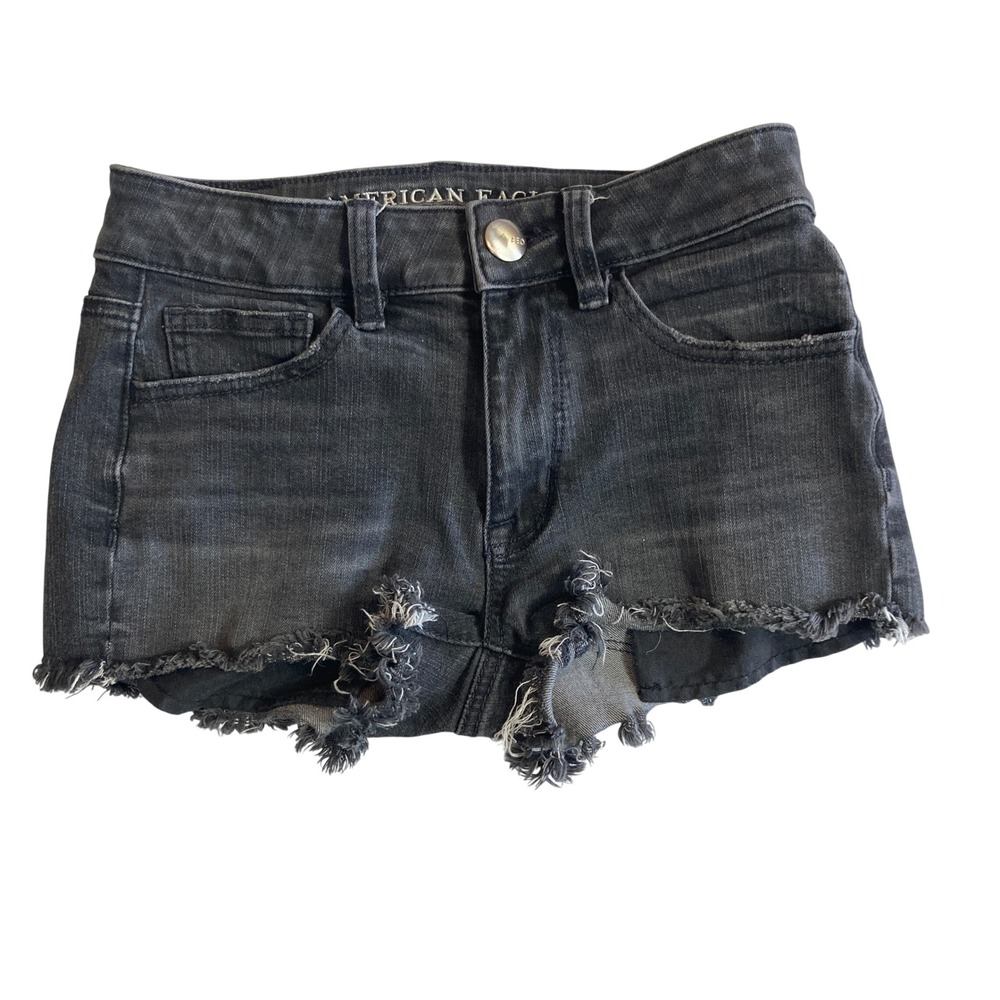 American Eagle Size 00 Hi-Rise Shortie Black Raw Hem Shorts‎ 360 Super Stretch